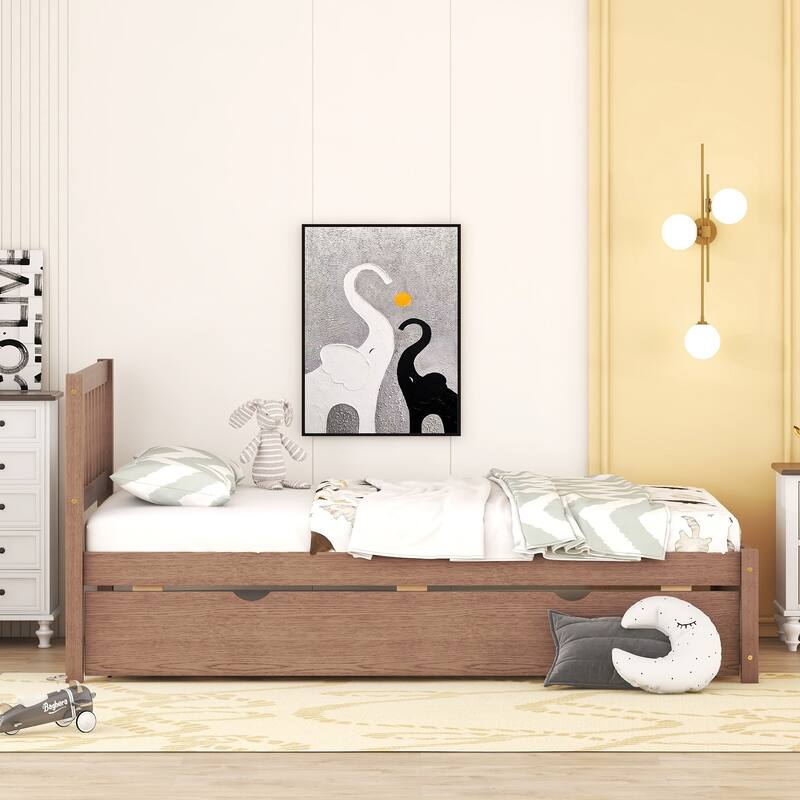 Brown Walnut Rubberwood Twin Platform Bed with Trundle, Sleek Design, No Box Spring Needed