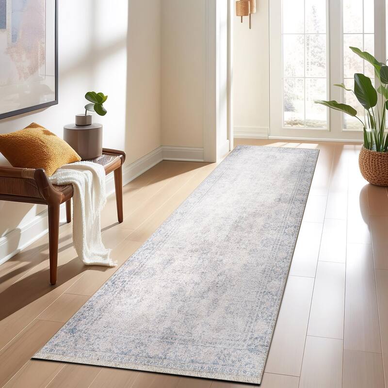 World Rug Gallery Transitional Distressed Vintage Machine Washable Area Rug - 2' 6" x 10' - Blue - Runner