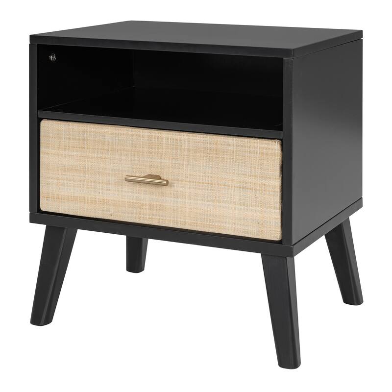 Queen Size Solid Wood Bed Frame with 2 Nightstands, Elegant Design with Lamps, Rattan and Wood Combination