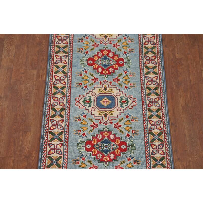 Light Blue Kazak Oriental Runner Rug Handmade Traditional Wool Carpet - 2'9" x 9'7"