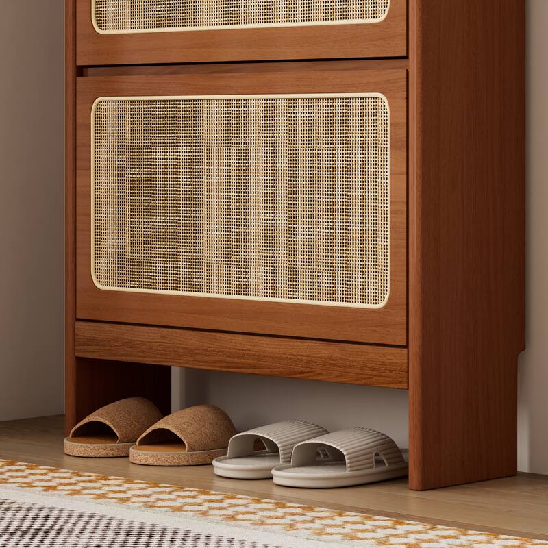 Rattan Shoe Storage Cabinet, Freestanding Shoe Rack Organizer, Hidden Narrow Shoe Cabinet with 3 Flip Drawers & Black Pegboard