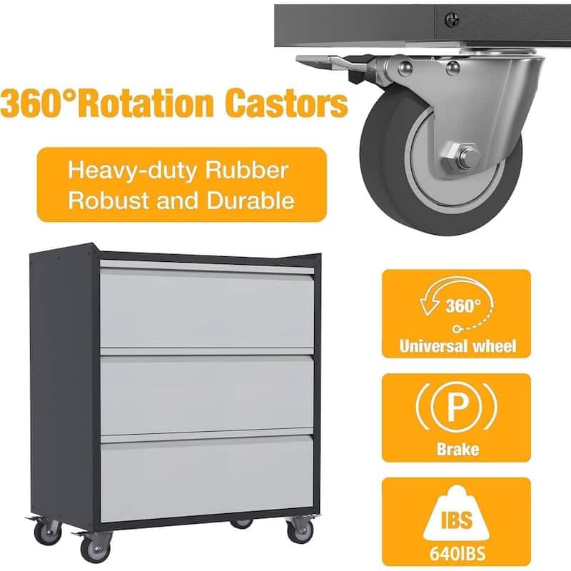 Heavy Duty Rolling Tool Cabinet with 3 Drawers for Garage, Workshop - N/A