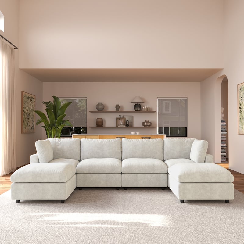 Modern Cloud Sectional Couches for Living Room Set, Chenille U-shaped Sofa Couch - Beige -4 seats+ 2 ottoman