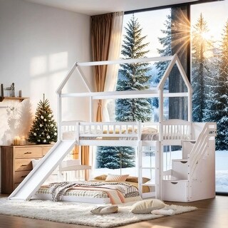 Elegant Style Twin Over Twin House Bunk Bed with Two Drawers and Slide, Maximized Space Saving, Friendly Design, White