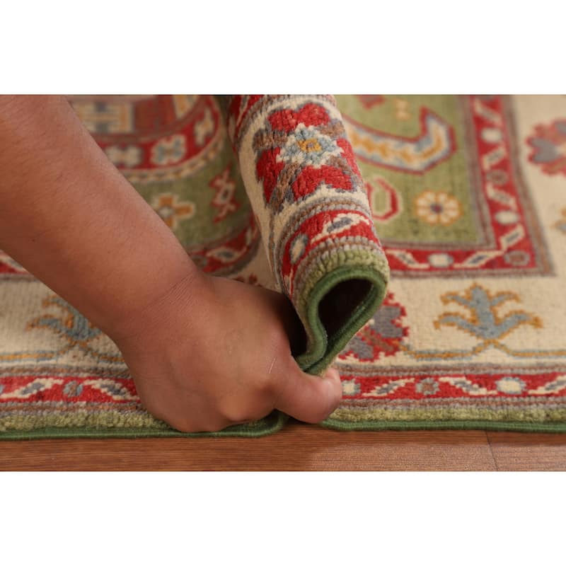 Light Green Geometric Kazak Accent Rug Handmade Wool Carpet - 3'4" x 4'7"