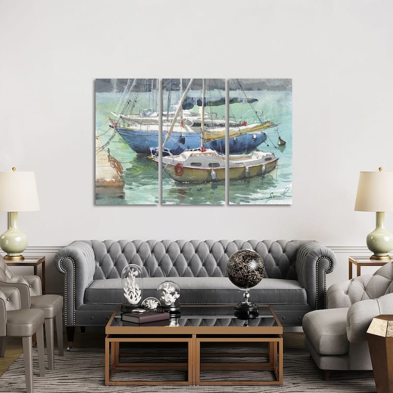 iCanvas "Yachts Seascape Watercolor Painting" by Samira Yanushkova 3-Piece Canvas Wall Art Set - 40x60x1.5