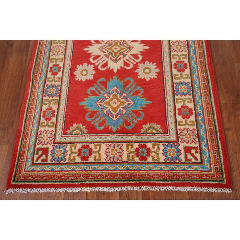 Red Kazak Foyer Rug Handmade Geometric Red Wool Carpet - 2'9" x 4'2"
