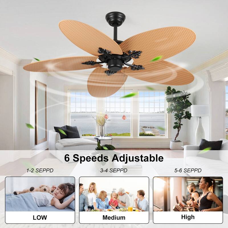 52"Tropical Ceiling Fan with 5 Palm Leaf Blades, Indoor/Outdoor No Light Fan, Pull Chain Control, Dual Mounting Options