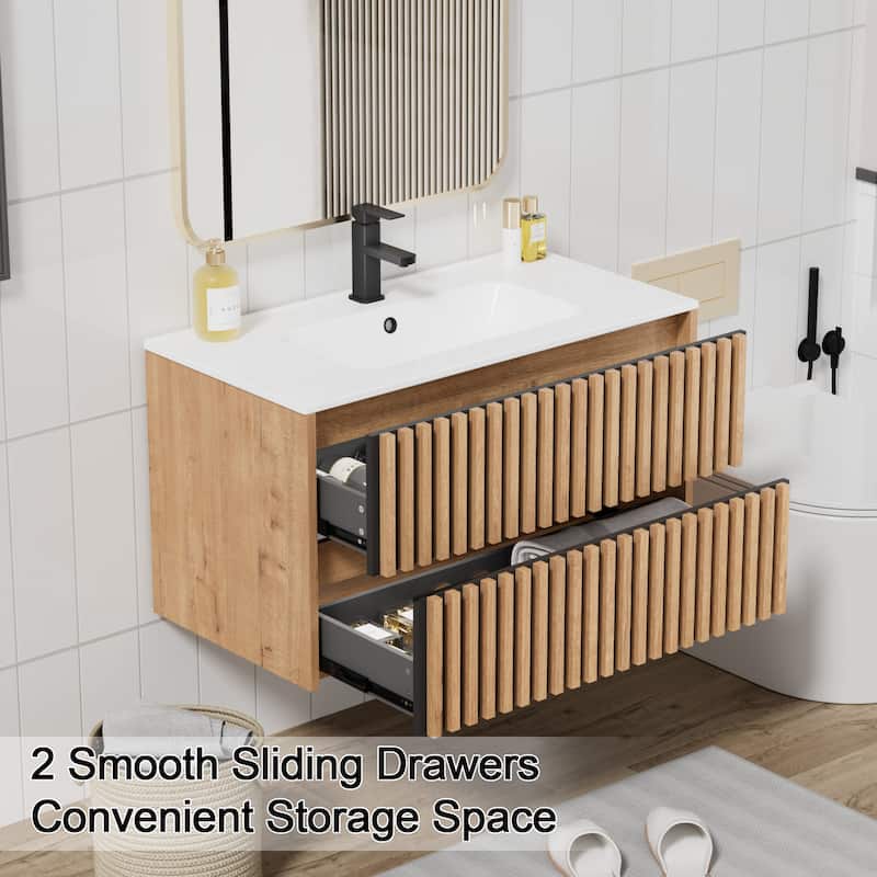 Wall Mounted Bathroom Vanity Set Mid-Century Storage Cabinet with Ceramic Sink