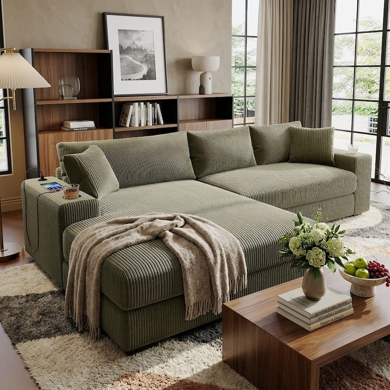 Luxurious Large Sectional Sofa with Thick Cushions, Lounge, Built-in Cup Holders & Charging Ports - Green