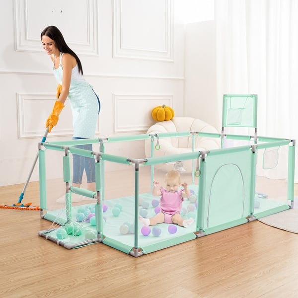 slide 2 of 8, Infant 71"x48" 4-Panel Baby Playpen Foldable Playard with Basketball Hoop Green Green