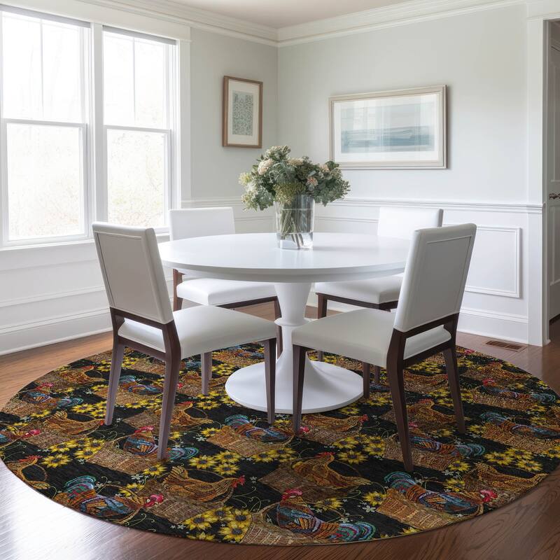 Premium Washable Super Soft Farmhouse Rooster Basket Mayfield Rug - Black - 8' x 8' - Round