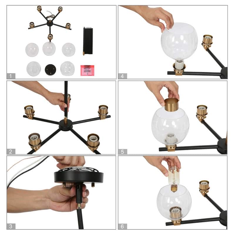 Mid-century Modern 5 Lights Chandeliers Marsie Orb Glass Upwards Ceiling Lights Wheel Black with Gold - D23.6" x H77"
