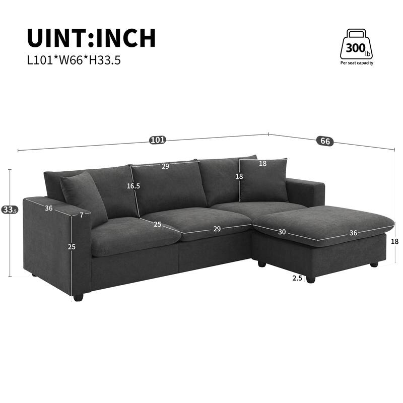 L-shaped Polyester Fabric Couch Set with 2 Free pillows and Convertible Ottoman