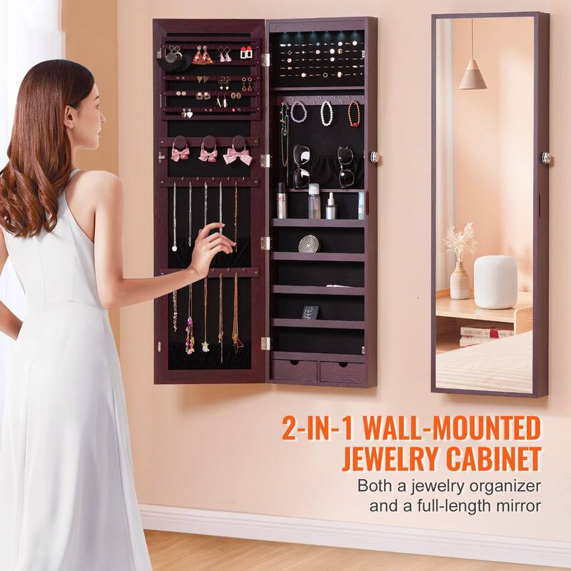 2-in-1 Full Length Mirror Jewelry Cabinet Armoire Wall Door Mounted Organizer with Lock - 14.6 x 3.9 x 47.5in