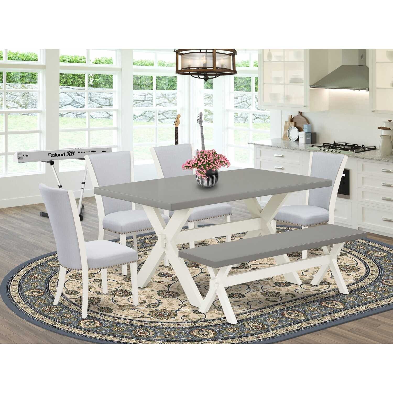 HomeStock 6-Piece Rectangle Wire Brushed Linen White Finish Solid Wood Top Dining Table with 1-Bench, 4-Chairs