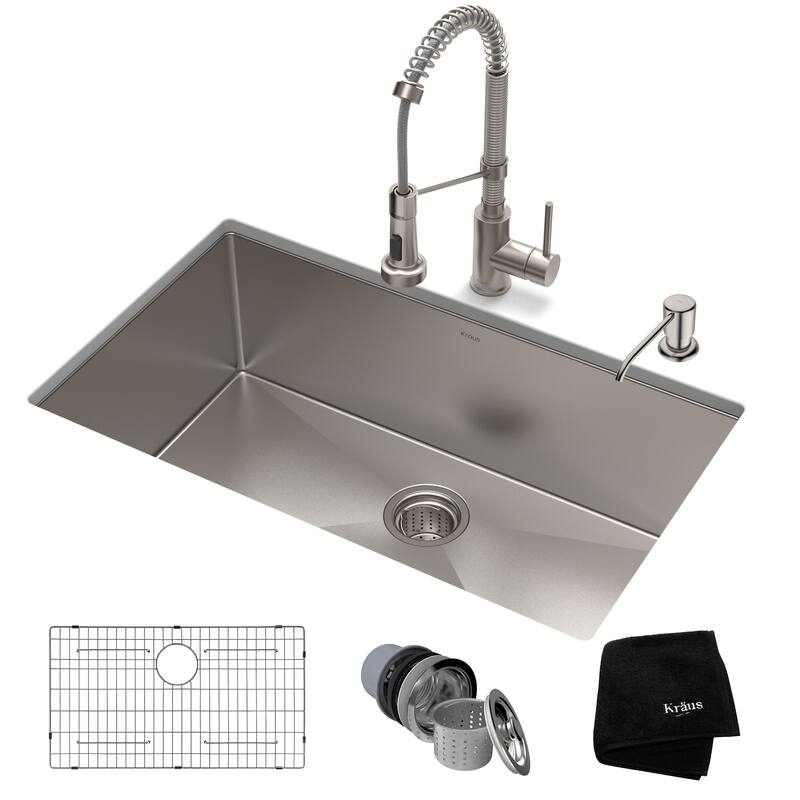 Kraus 3-in-1 Set Undermount Kitchen Sink, Pulldown Faucet, Dispenser - Stainless Steel