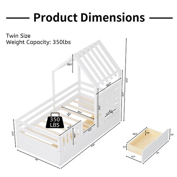 dimension image slide 0 of 3, Wooden Slat Roof Platform Bed Guardrails House Bed Frame with 2 Storage Drawers, Kids Playhouse Bed Small Window & Shelves