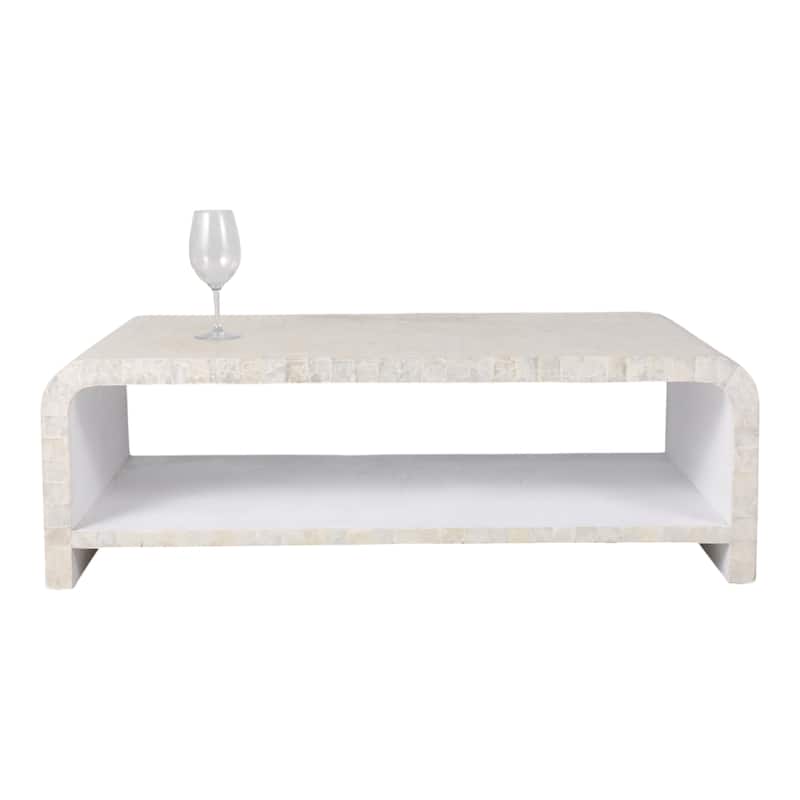 Wood Teak Coffee Table Shell Inlay for Living Room Bedroom - 16" Ivory - 47" x 23.5" x 15.75"