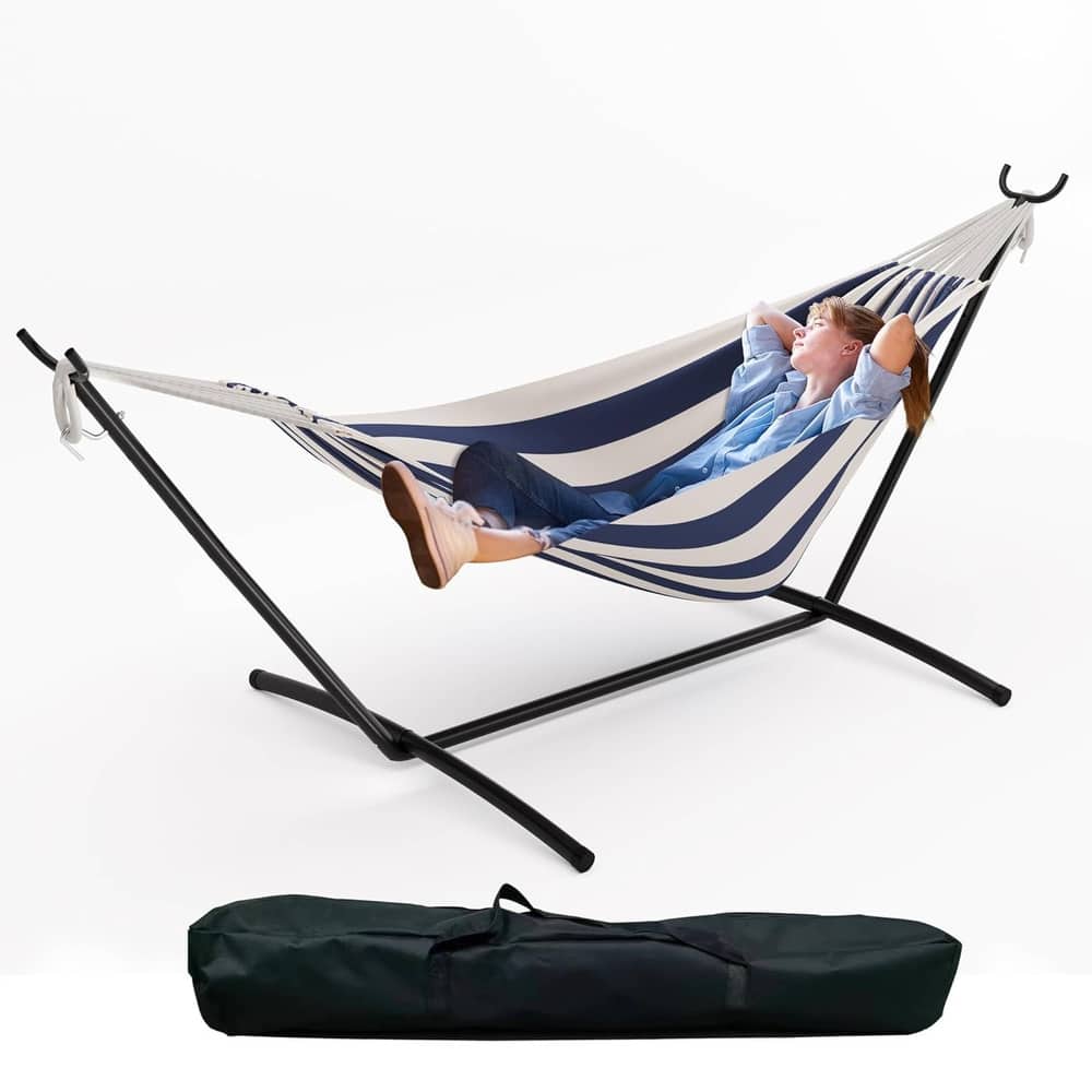 450lb Large Capacity Double Hammock with Steel Stand with Carry Bag for Patio Backyard Poolside