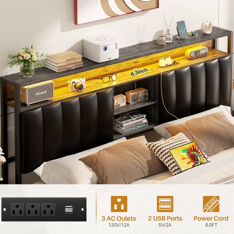 Upholstered Bed Frame with Storage Shelving, Platform Beds with Charge Station and LED Lights