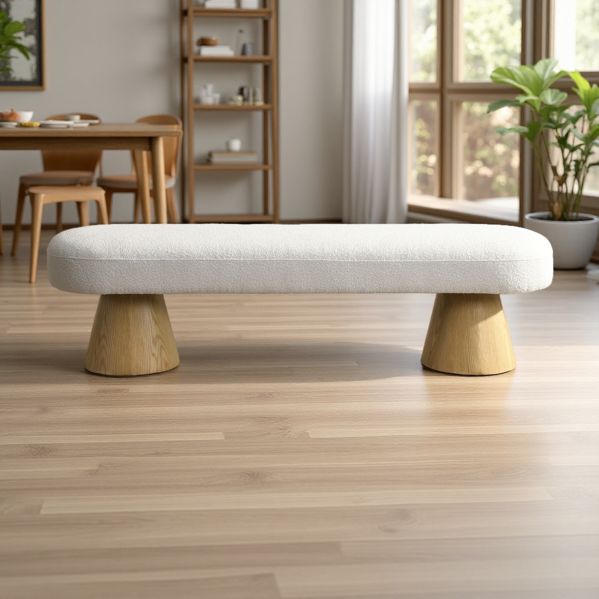 64"L Orange Boucle Upholstered Bench with Wood Legs