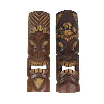 Carved Wood Sun And Flower Hawaiian Tiki Masks 20 Inch (Set Of 2)