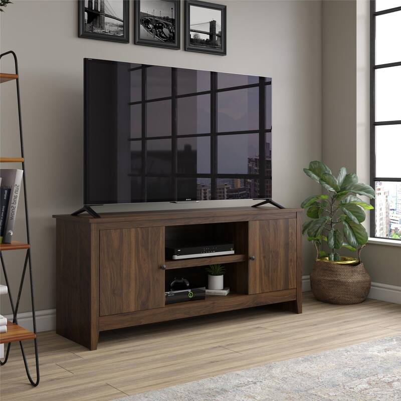 Rossetta Updated Look Classic Finish TV Stand with Open Center Shelves and Wire Management Holes, up to 65" - Walnut