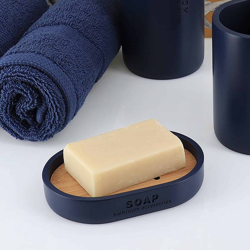Chic Polyresin Soap Dish with Draining Bamboo Insert - 5 L x 3.4 W x 1 H - Navy Blue