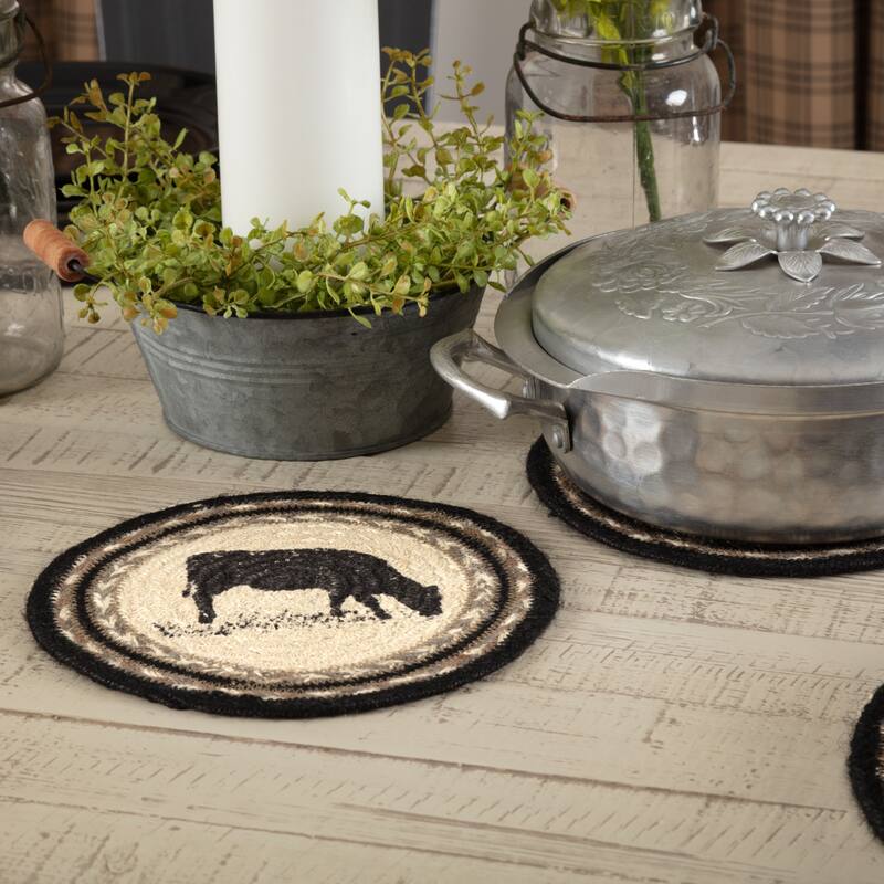 Sawyer Mill Charcoal Cow Jute Trivet 8 - Trivet 8 - Trivet 8 - Bleached White/Asphalt/Grey Taupe