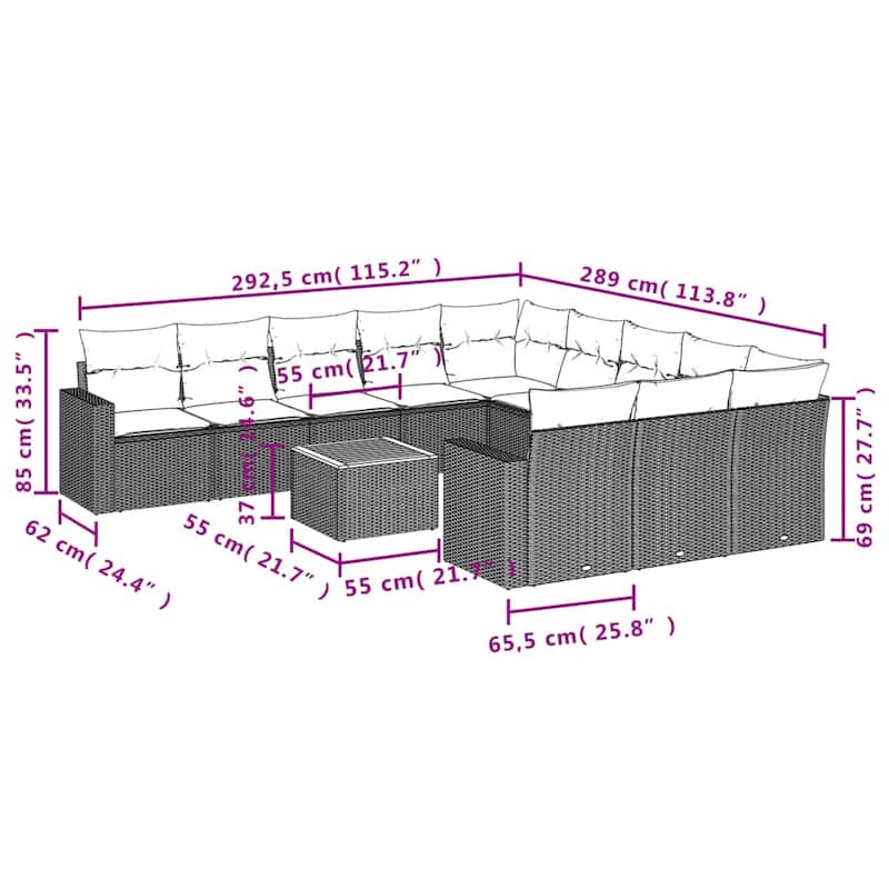 vidaXL 12 Piece Patio Sofa Set with Cushions Grey Poly Rattan - 24.4" x 24.4" x 27.2"