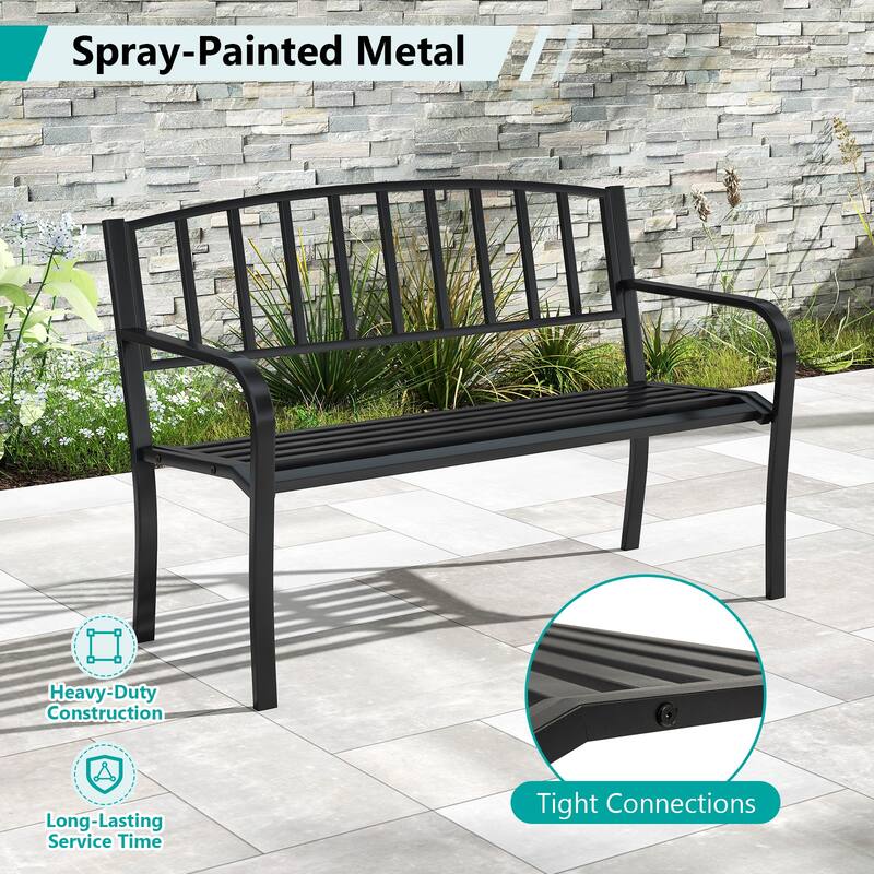 Gymax 50 Inches Garden Bench w/ Slatted Backrest & Curved Armrests for