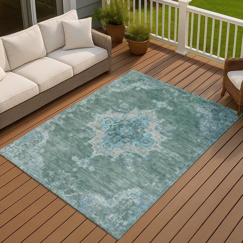 Machine Washable Indoor/ Outdoor Traditional Tabriz Chantille Rug - Teal - 3' x 5'