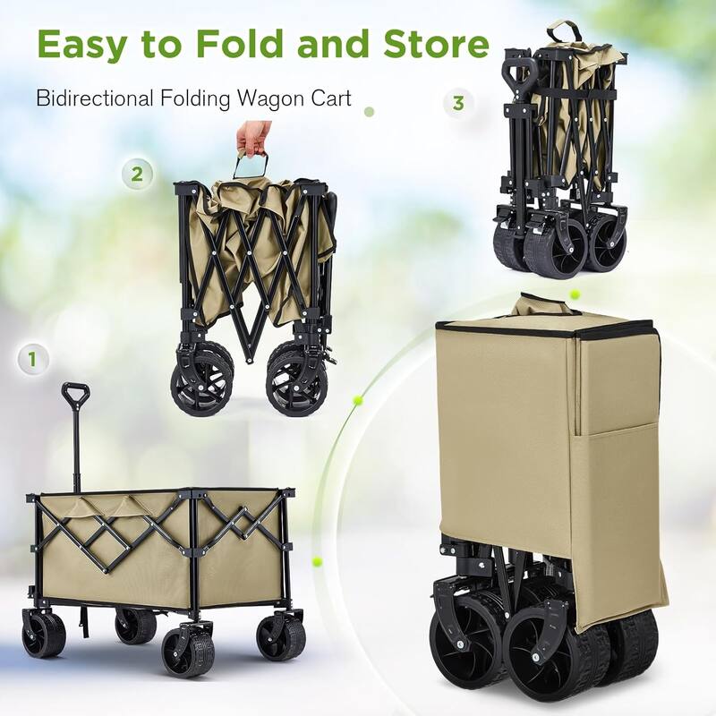 EROMMY Heavy Duty Folding Wagon Cart - All Terrain Collapsible Utility Wagon with Big Wheels, Brakes & Cup Holders for Camping