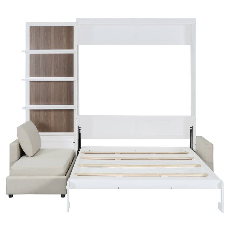 Roomfitters Queen Size Murphy Bed with Sofa and Shelves, Convertible Wall Bed for Living Room or Studio