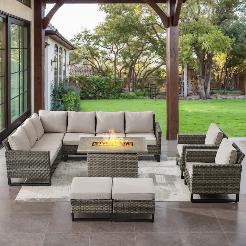 Gymojoy L-Shaped Outdoor Corner Sectional Sofa 6-seats Couch Conversation Set - 6 PCS - Ottomans & Club Chairs & Fire Pit - Grey Wicker / Beige Cusion