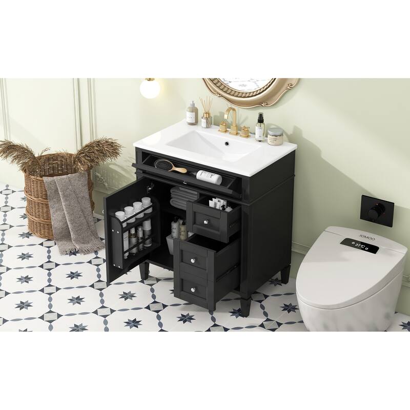 GDFStudio - Caldwell Modern Bathroom Vanity with Ceramic Sink, 2 Storage Drawers and Tip-Out Organizer - 30'W
