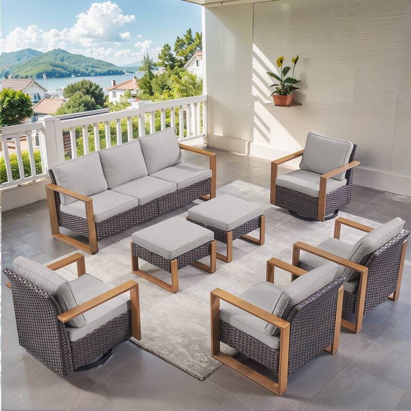 Gymojoy 7 Pieces Rattan Sofa,Gilder Chair, Patio Chair and Ottoman - Brown - Grey
