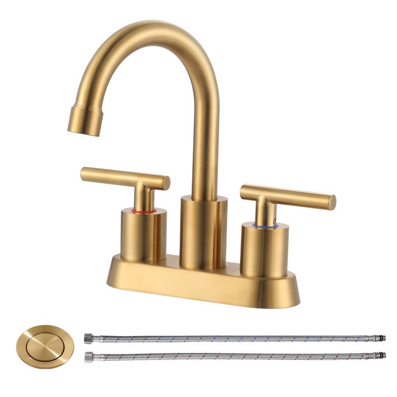 WOWOW 4 in. Centerset Double Handle High Arc Bathroom Faucet - Brushed Gold