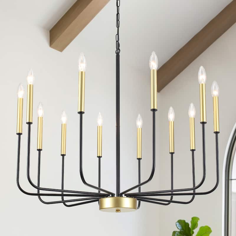 12-Light W32.08" x H70.07" Rustic Candle Chandelier for Dining Room Bedroom - Spray Gold/Black