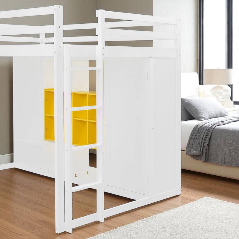 Space-Saving Twin/Full Loft Bed, Solid Wood Frame with Open Wardrobe, Colorful Shelves, Cabinet Storage & Reversible Ladder