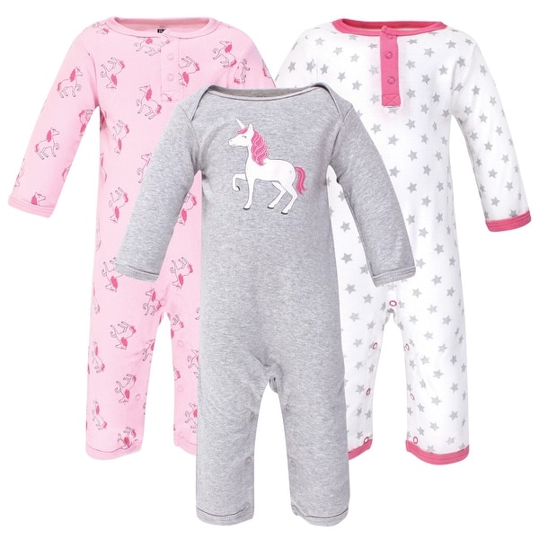 slide 1 of 1, Hudson Baby Infant Girl Cotton Coveralls 3pk, Pink Unicorn 0 - 3 Months - Grey/Pink
