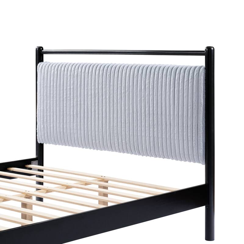 Full Size Wood Platform Bed with Soft Headboard, Grey and Black Frame