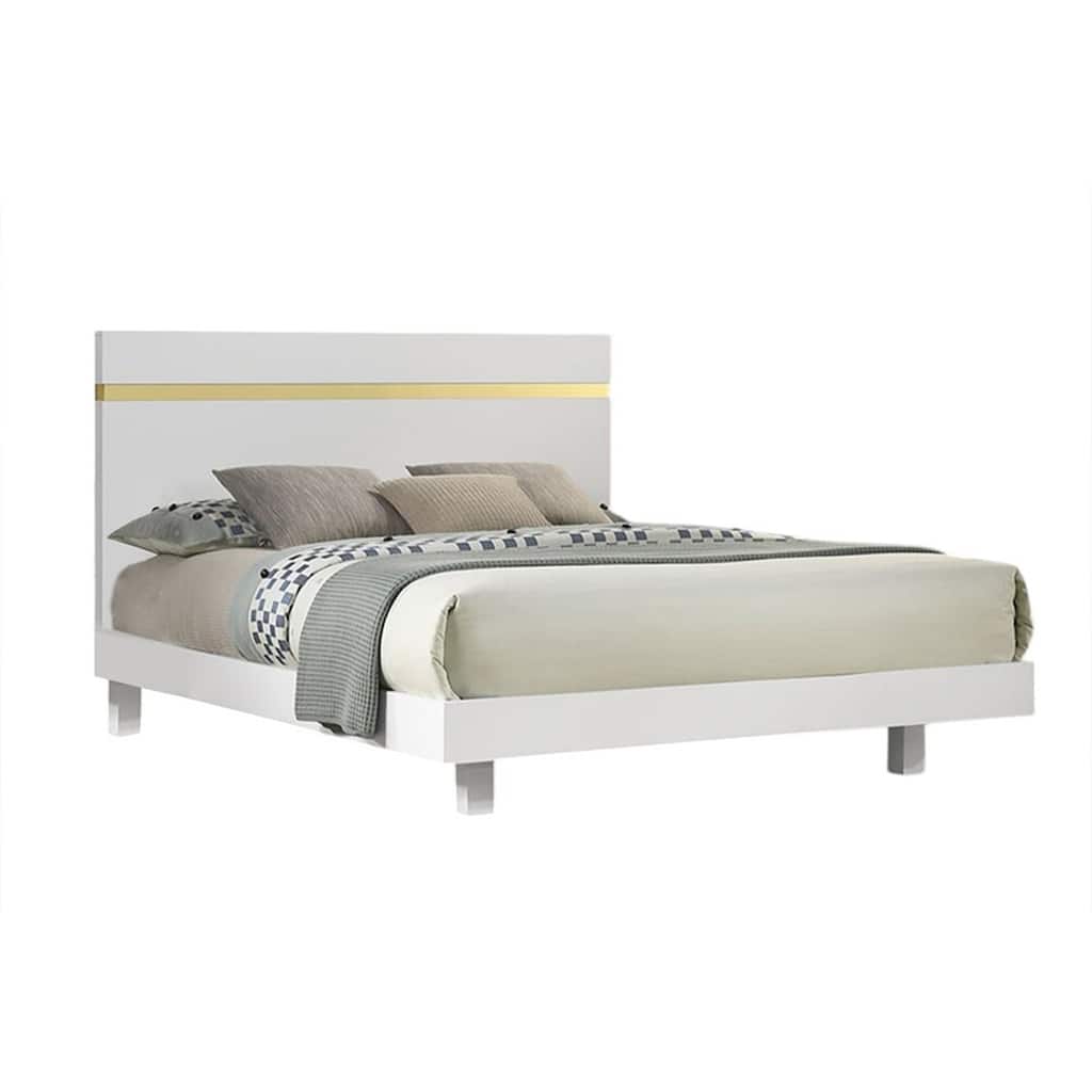 Yoki Queen Size Bed w Underbed LED, Acrylic Gold Trim, White Frame