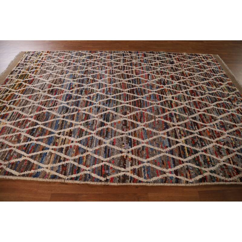 Hand Knotted Oriental 100% Wool Carpet Modern All-Over Black Moroccan Area Rug - 9' 7'' X 6' 3''