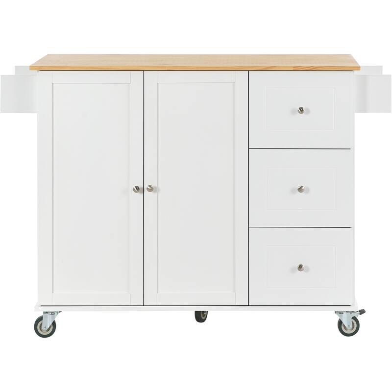 Mobile Drop Leaf Kitchen Cart on Locking Wheels with Wood Top, 52.7'' Large Storage Cabinets with Adjustable Shelves & 3 Drawer