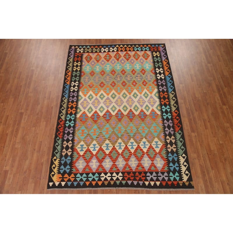 Hand Woven Oriental 100% Wool Carpet Southwestern All-Over Multi-Colored Kilim Area Rug - 9' 8'' X 6' 10''