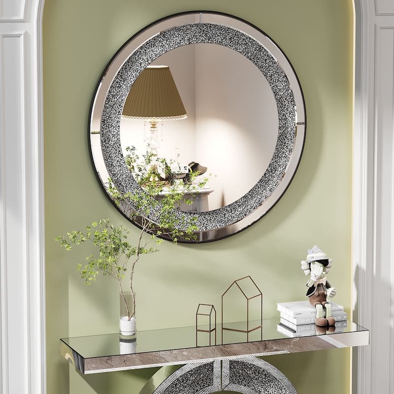 Crystal Crush Diamond Sparkly Silver Round Wall Mirror - Home Decoration