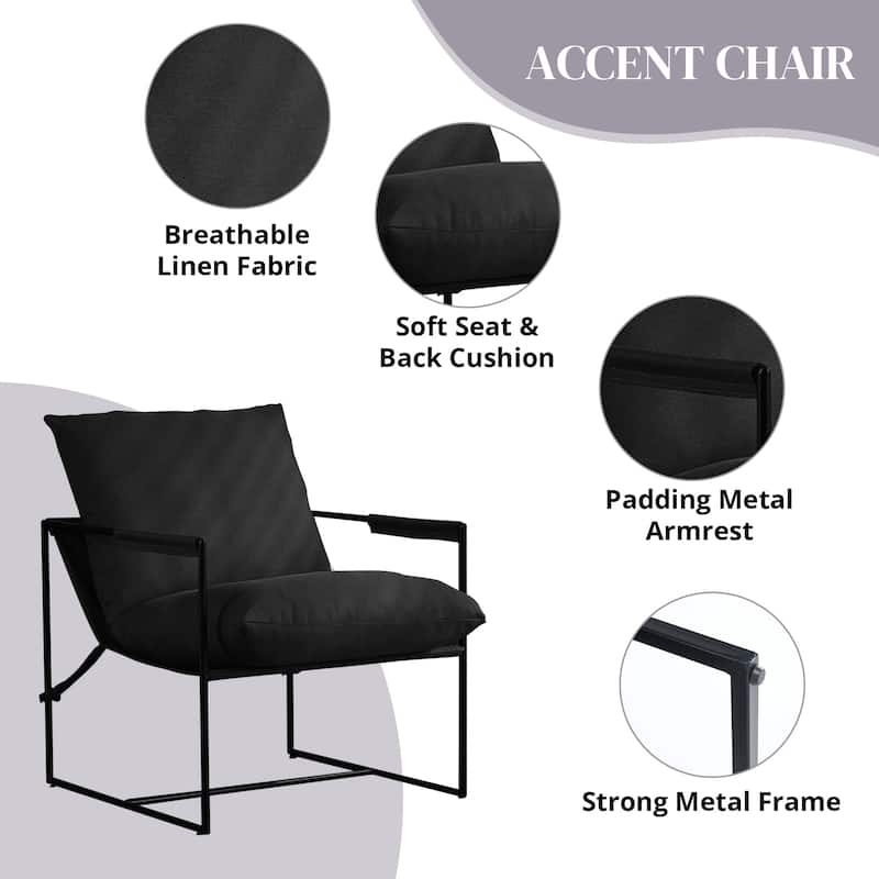 Modern Accent Linen Sling Chair with Metal Framed Soft Bag Cushion, Comfy Accent Chair for Living Room Office