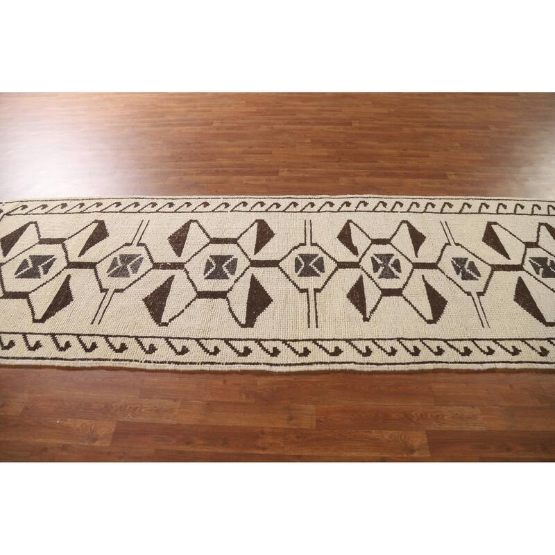Natural Dye Beige Tribal Anatolian Runner Rug Handmade Wool Carpet - 3'6"x 11'4"